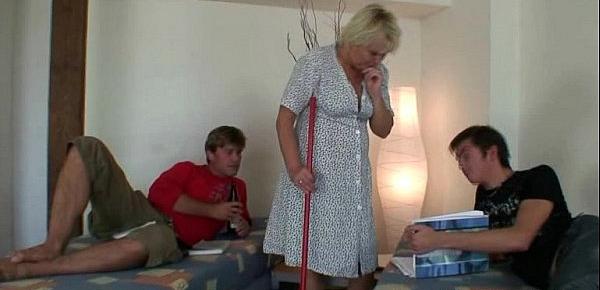  Two lads bang very old cleaning woman